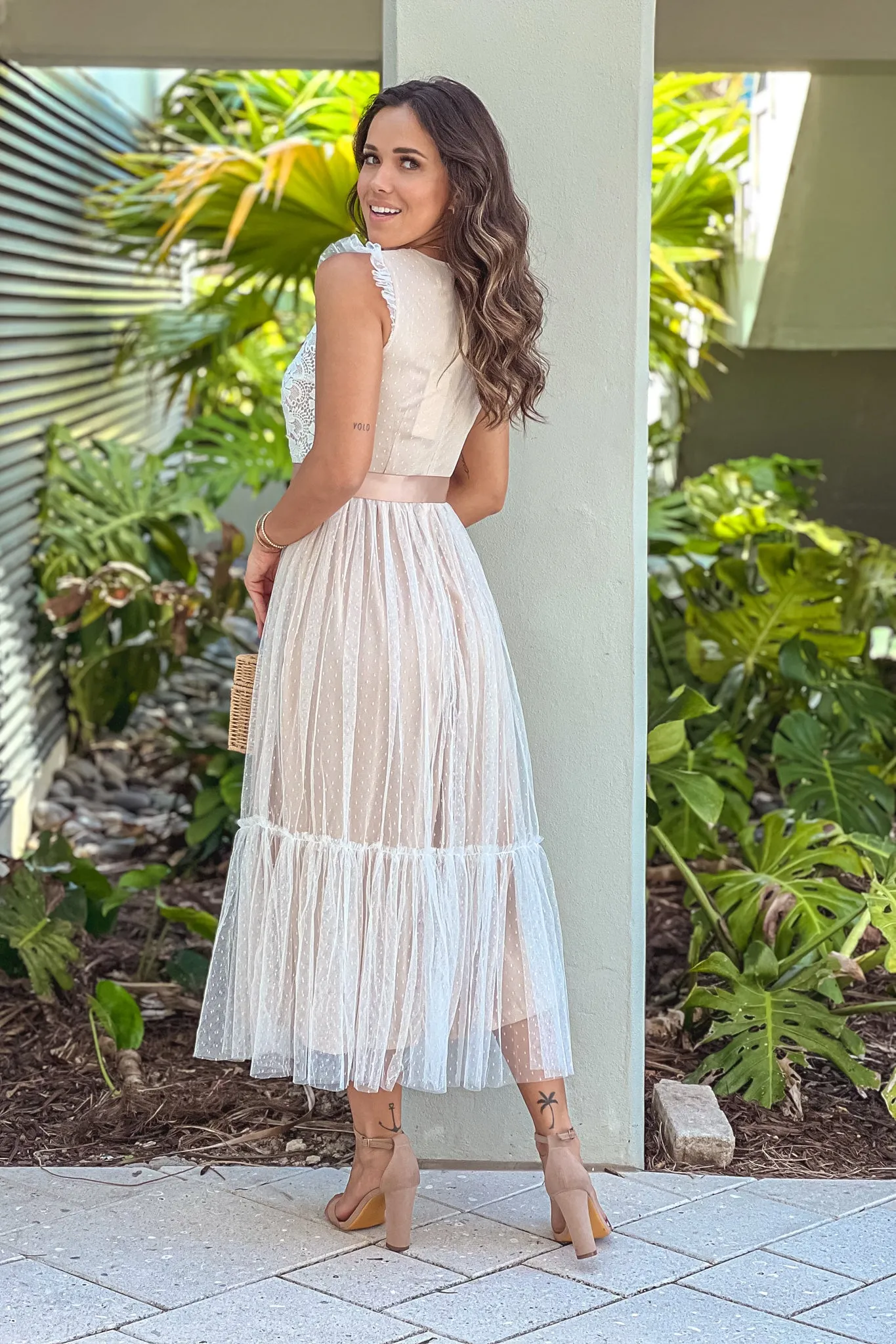 Off White Lace Dress With Satin Belt