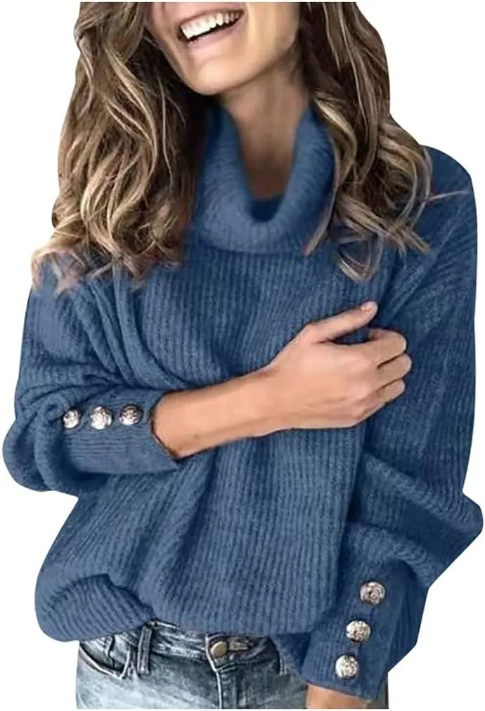 Plus Size Sweater for Women Turtleneck Knitted Button Loose Women Sleeve Sweater Slim Fitting Knitwear Tops Loose