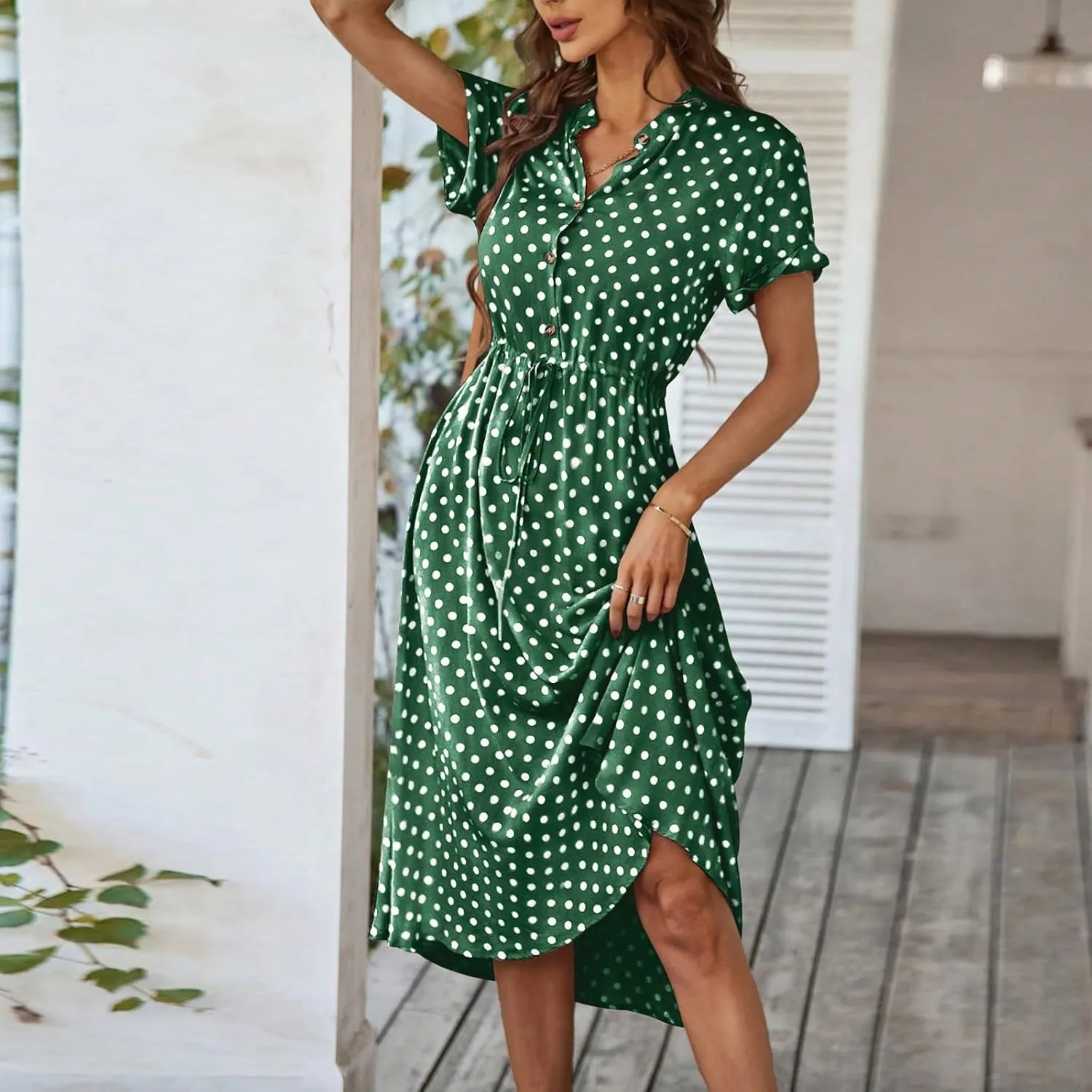 Polka Dot Dress for Women Midi Button Down Dress Short Sleeve V Neck Wedding Guest Dresses Tie Empire Waist Elegant Frocks