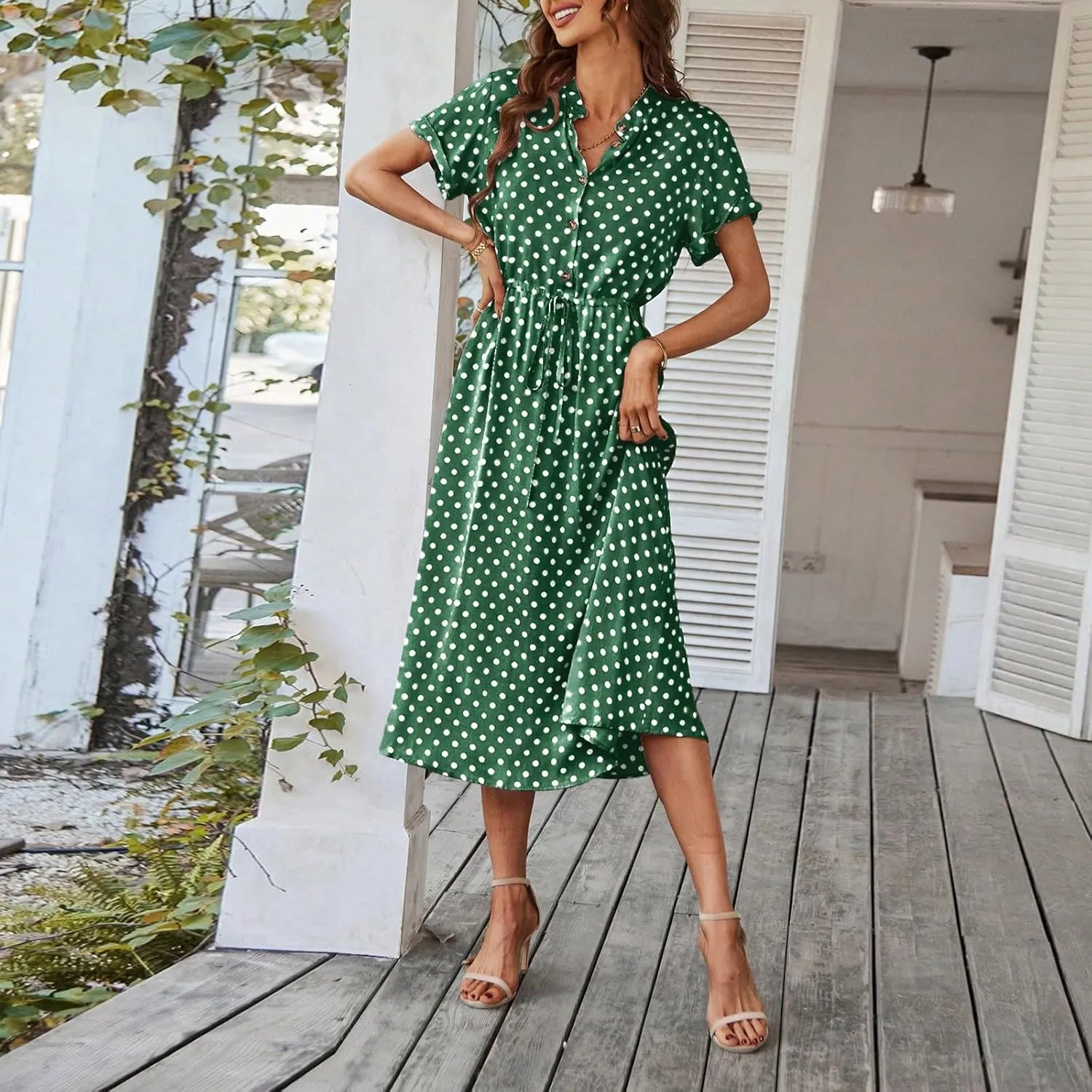 Polka Dot Dress for Women Midi Button Down Dress Short Sleeve V Neck Wedding Guest Dresses Tie Empire Waist Elegant Frocks
