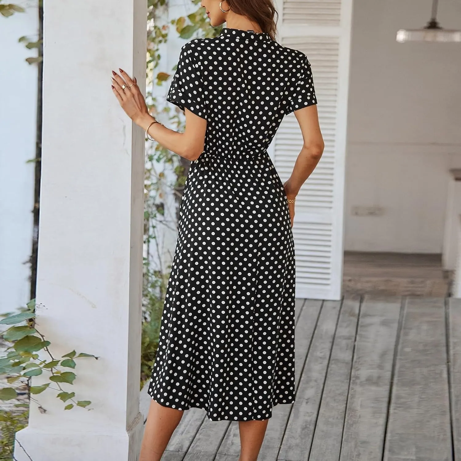 Polka Dot Dress for Women Midi Button Down Dress Short Sleeve V Neck Wedding Guest Dresses Tie Empire Waist Elegant Frocks