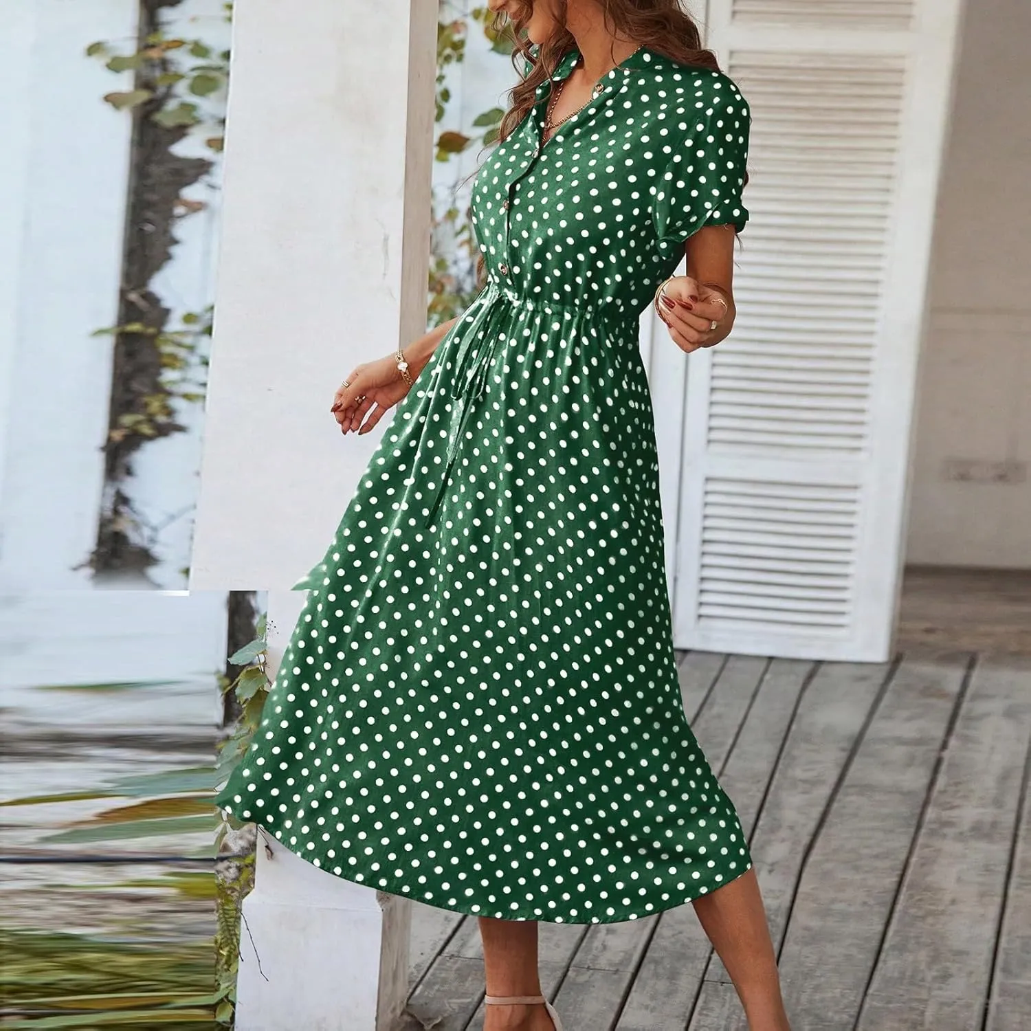 Polka Dot Dress for Women Midi Button Down Dress Short Sleeve V Neck Wedding Guest Dresses Tie Empire Waist Elegant Frocks