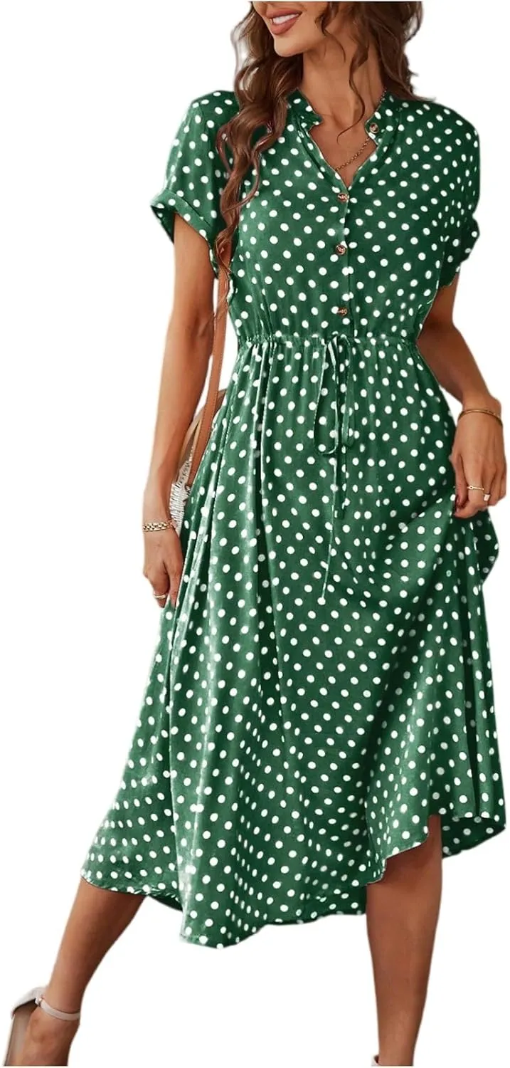 Polka Dot Dress for Women Midi Button Down Dress Short Sleeve V Neck Wedding Guest Dresses Tie Empire Waist Elegant Frocks