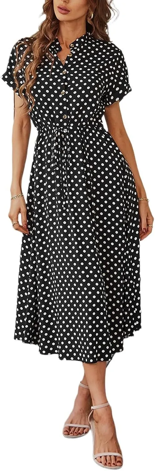 Polka Dot Dress for Women Midi Button Down Dress Short Sleeve V Neck Wedding Guest Dresses Tie Empire Waist Elegant Frocks
