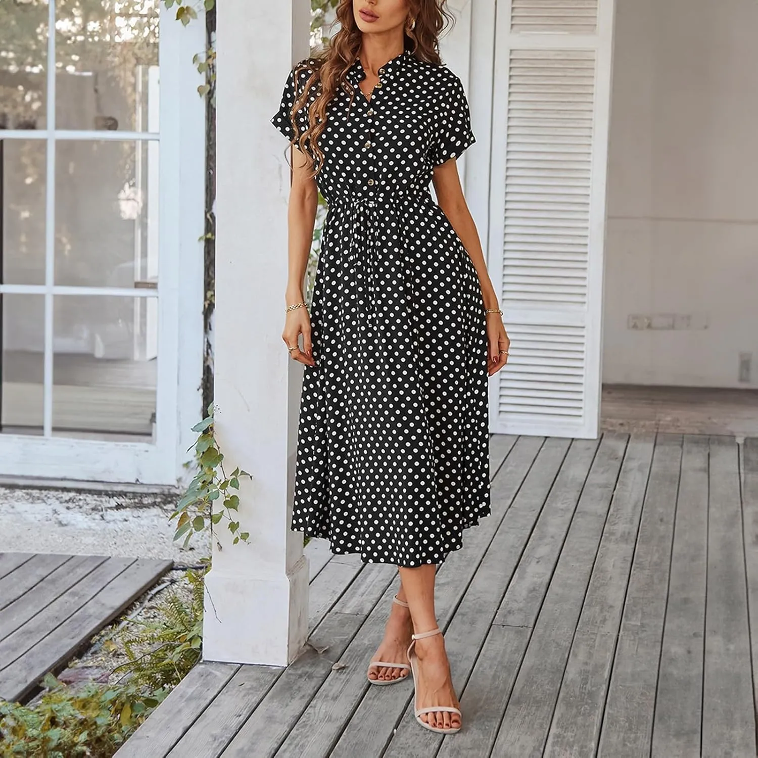 Polka Dot Dress for Women Midi Button Down Dress Short Sleeve V Neck Wedding Guest Dresses Tie Empire Waist Elegant Frocks