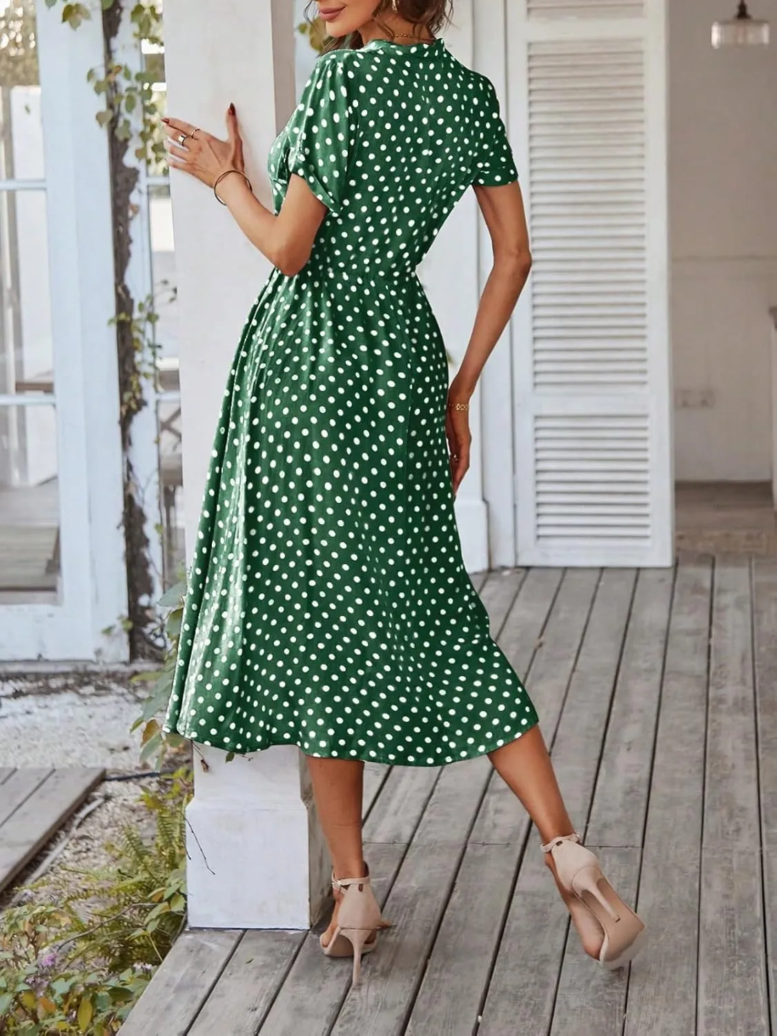 Polka Dot Dress for Women Midi Button Down Dress Short Sleeve V Neck Wedding Guest Dresses Tie Empire Waist Elegant Frocks