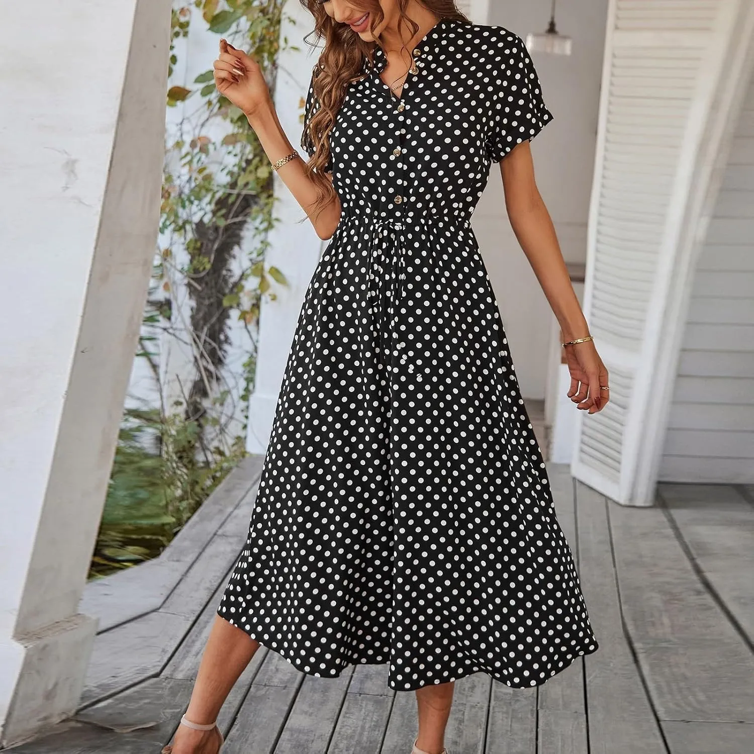 Polka Dot Dress for Women Midi Button Down Dress Short Sleeve V Neck Wedding Guest Dresses Tie Empire Waist Elegant Frocks