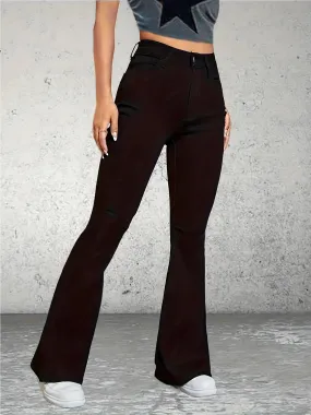 realaiot  High Rise Plain Flare Leg Jeans, Medium Stretch Slash Pocket Bell Bottom Denim Pants, Women's Denim Jeans & Clothing