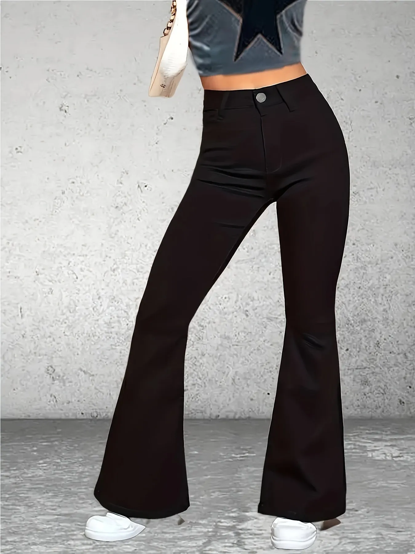 realaiot  High Rise Plain Flare Leg Jeans, Medium Stretch Slash Pocket Bell Bottom Denim Pants, Women's Denim Jeans & Clothing