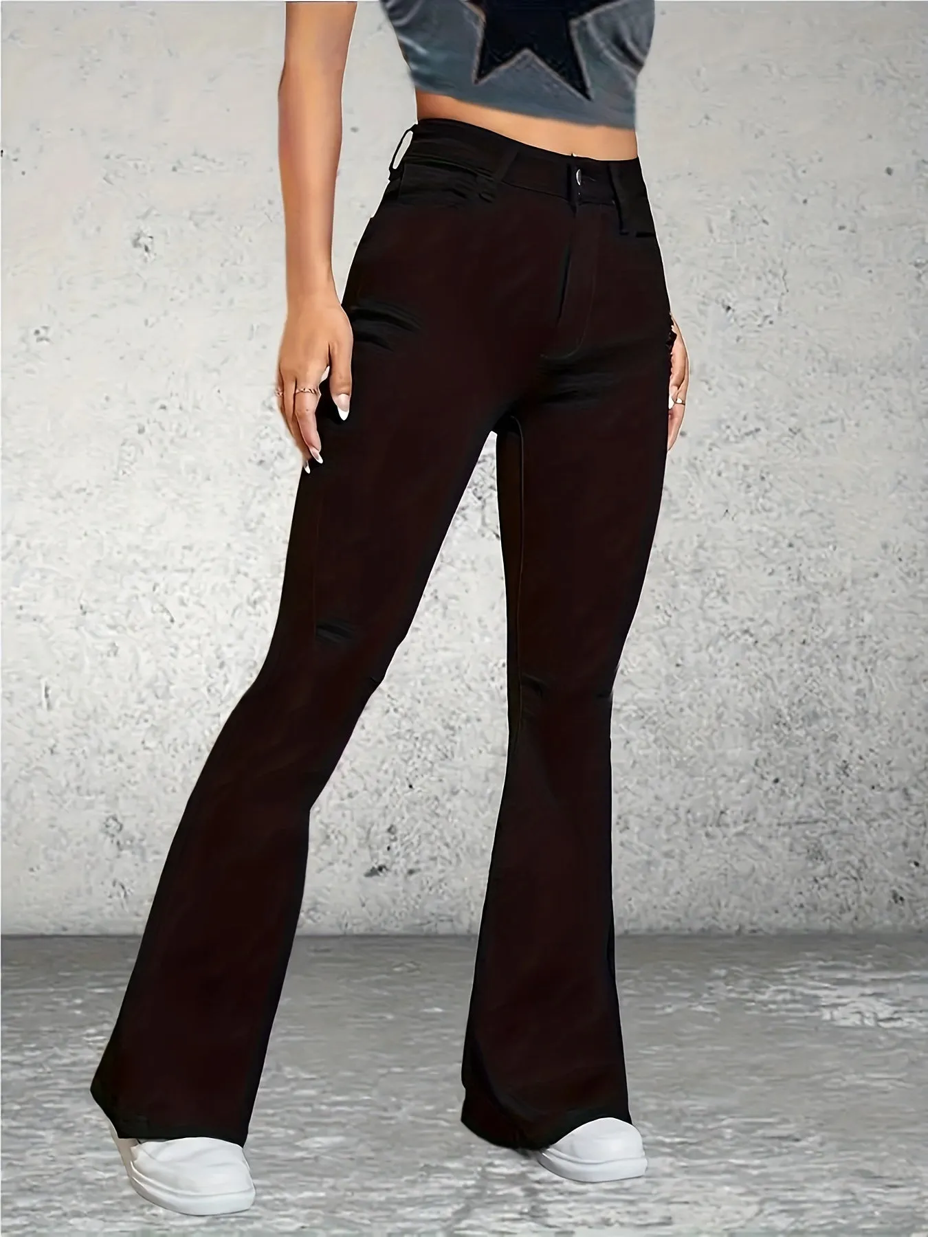 realaiot  High Rise Plain Flare Leg Jeans, Medium Stretch Slash Pocket Bell Bottom Denim Pants, Women's Denim Jeans & Clothing
