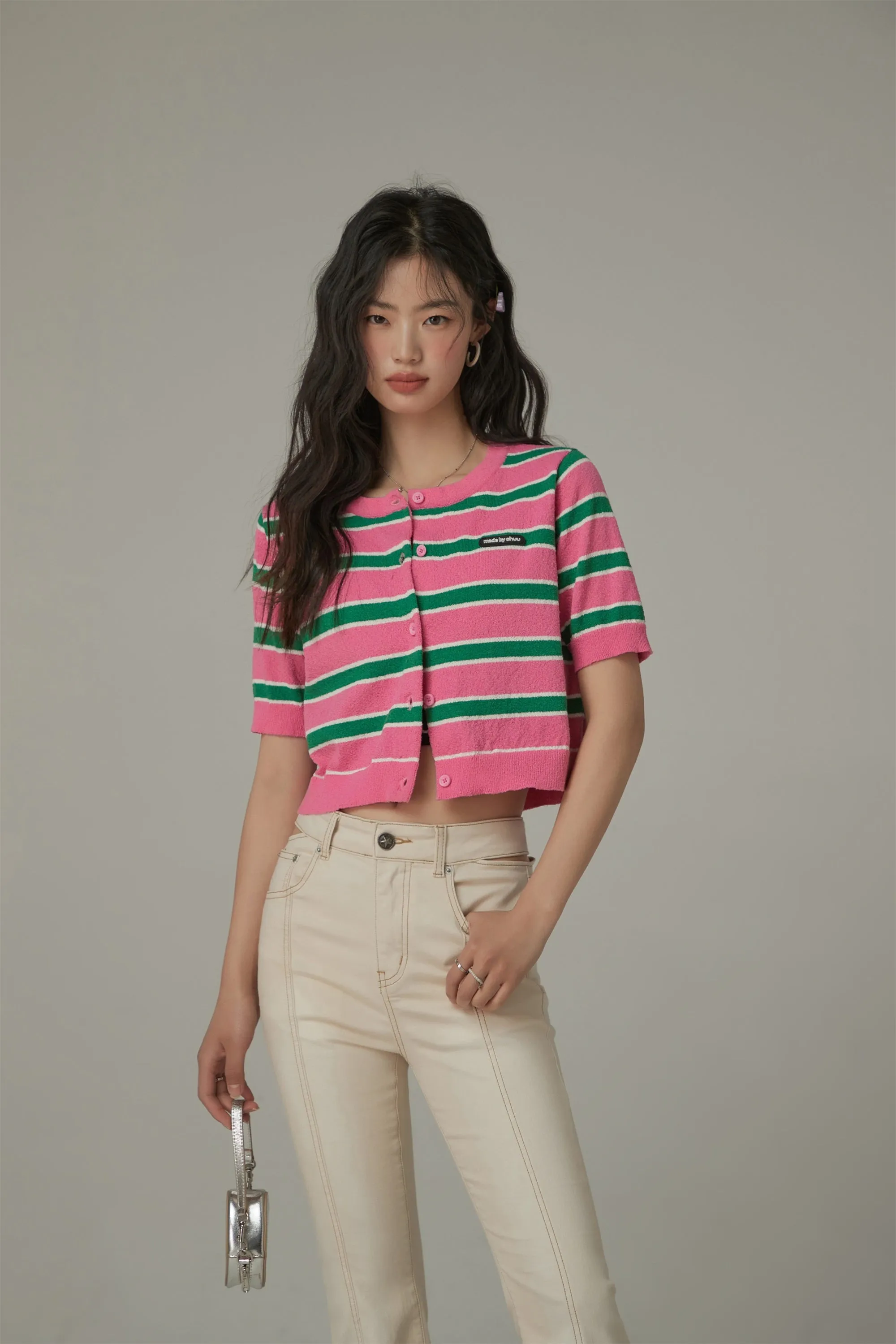 Striped Cropped Button Cardigan