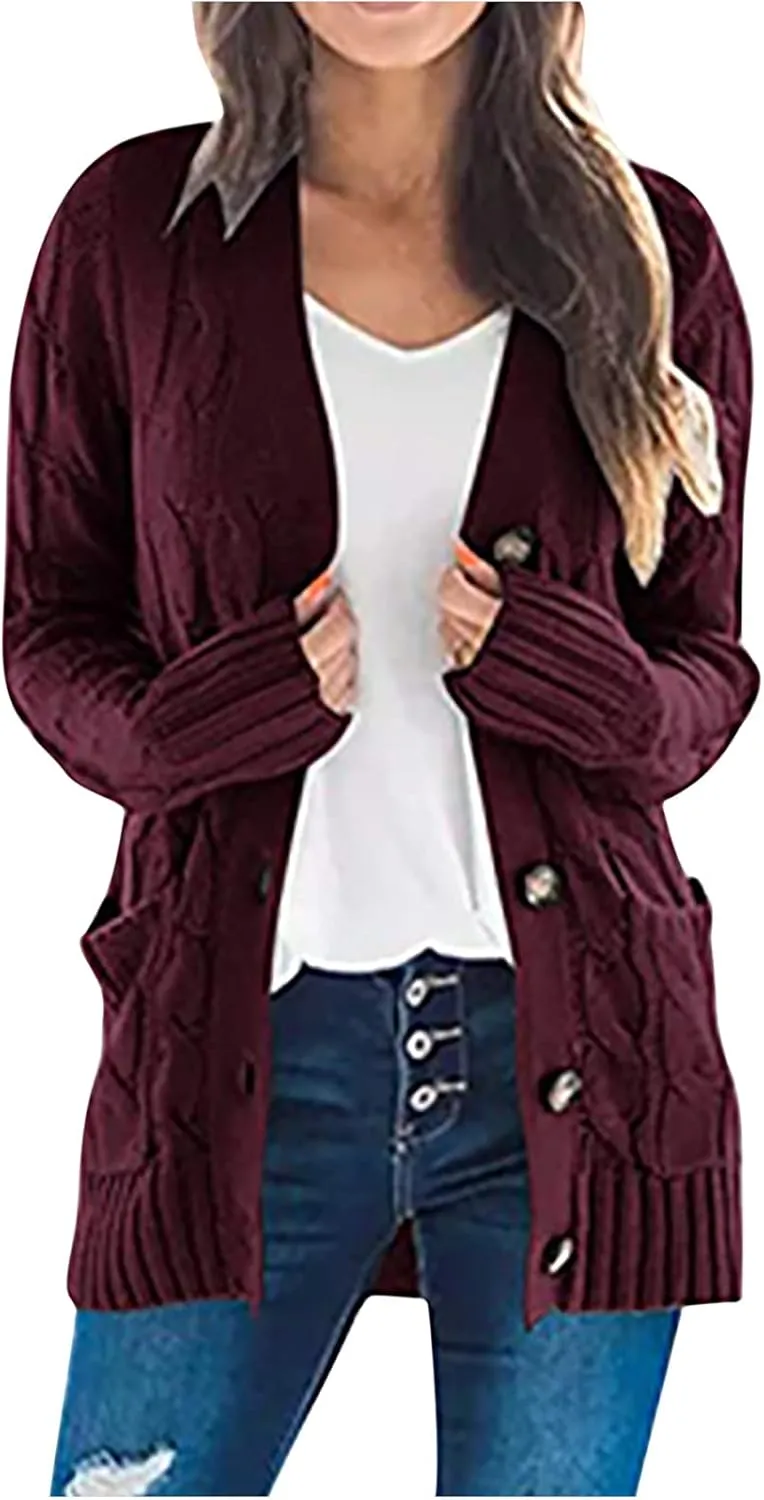 Womens Casual Long Sleeve Button Cardigan Open Front Cable Knit Sweater Outwear Loose Cardigans with Pockets