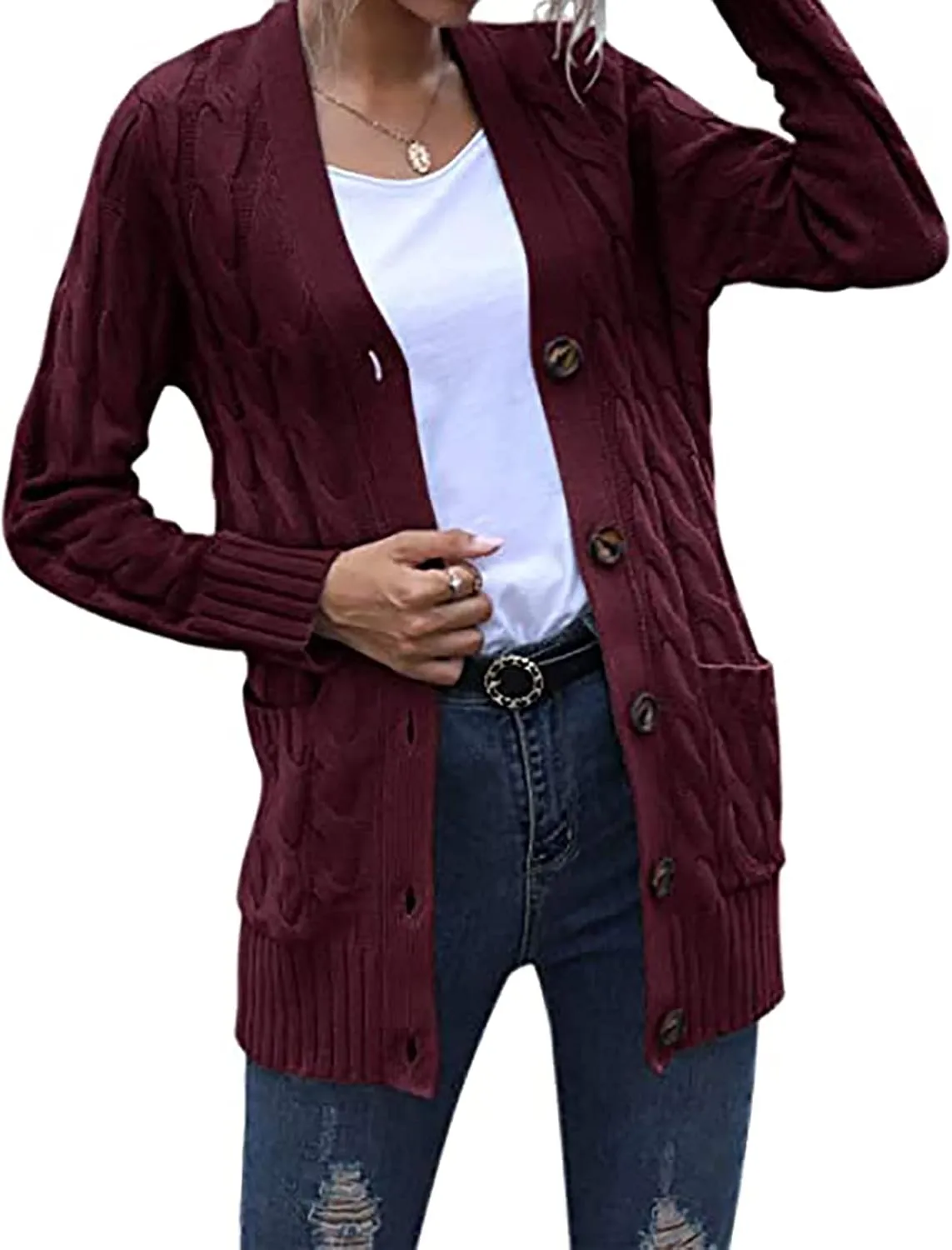 Womens Casual Long Sleeve Button Cardigan Open Front Cable Knit Sweater Outwear Loose Cardigans with Pockets