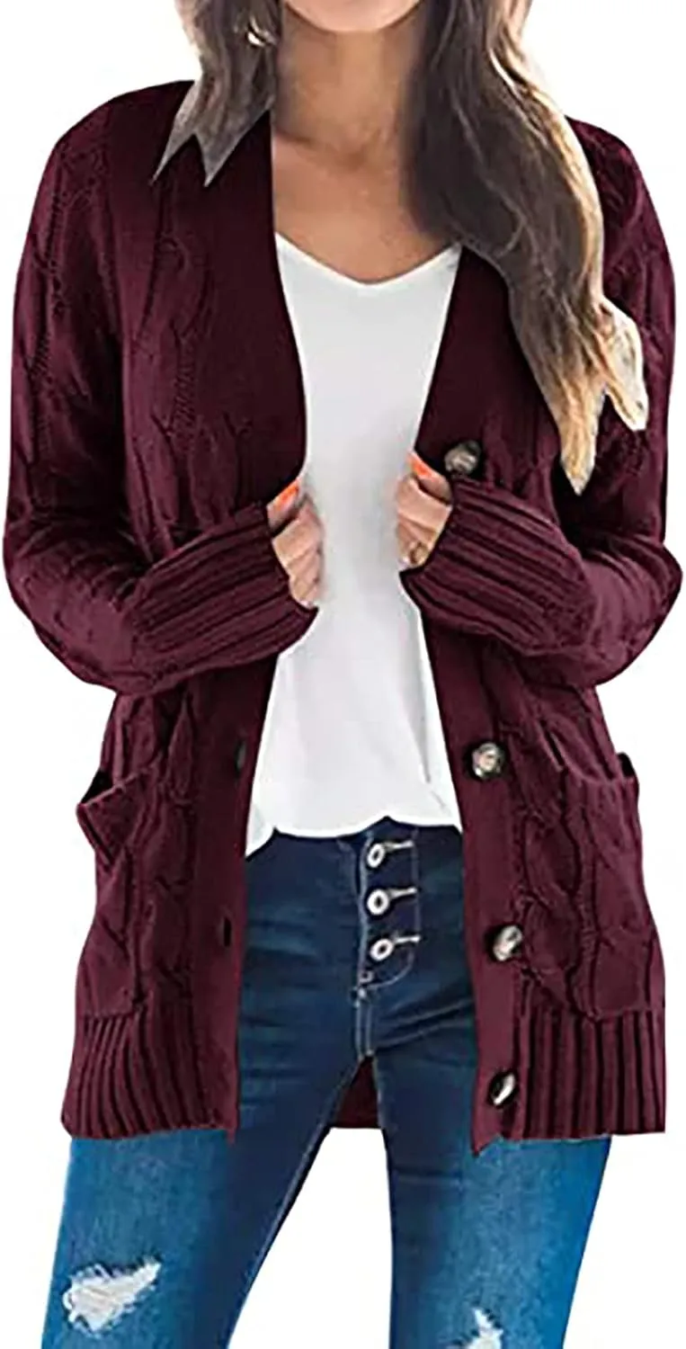 Womens Casual Long Sleeve Button Cardigan Open Front Cable Knit Sweater Outwear Loose Cardigans with Pockets
