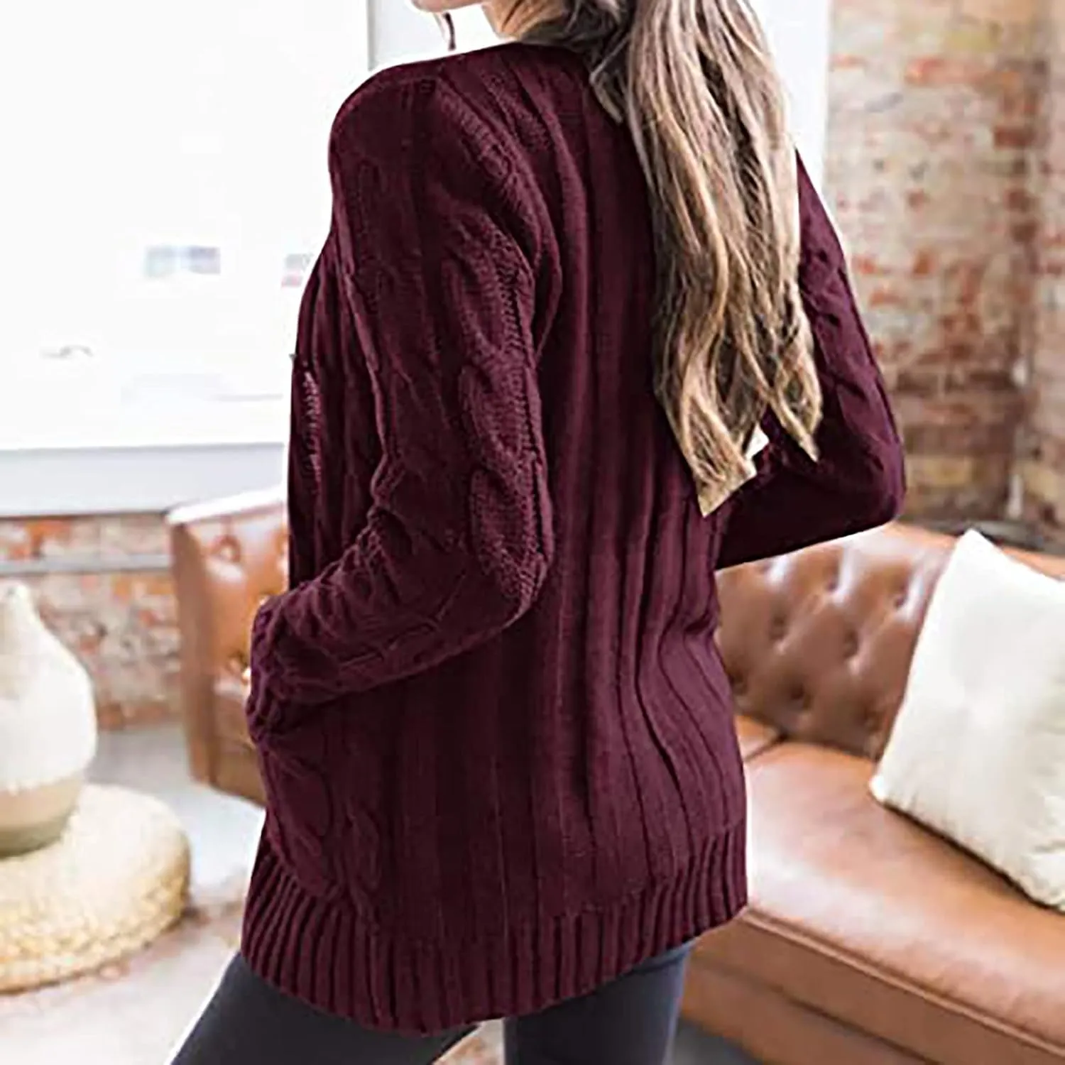 Womens Casual Long Sleeve Button Cardigan Open Front Cable Knit Sweater Outwear Loose Cardigans with Pockets