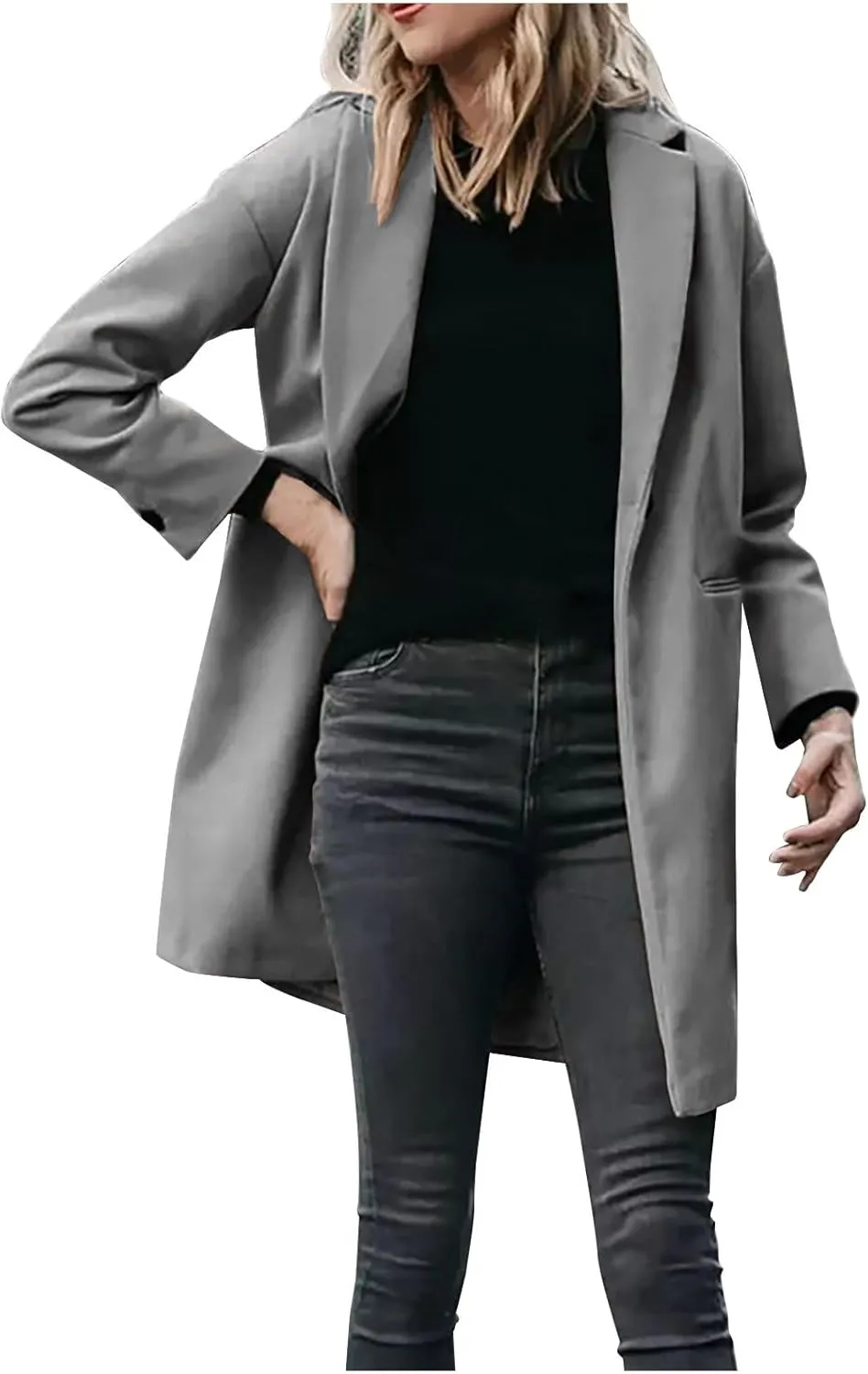 Womens Winter Wool Jacket Classic Casual Solid Notched Collar Buttons Pea Coat Elegant Warm Lightweight Trench Coats