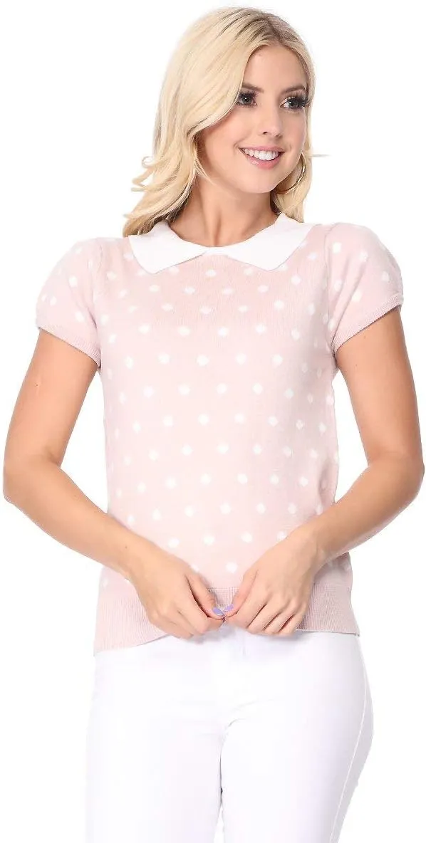 YEMAK Women's Knit Sweater Top – Short Sleeve Polka Dot Contrast Collar Puff Shoulder Classic Casual Knitted Pullover