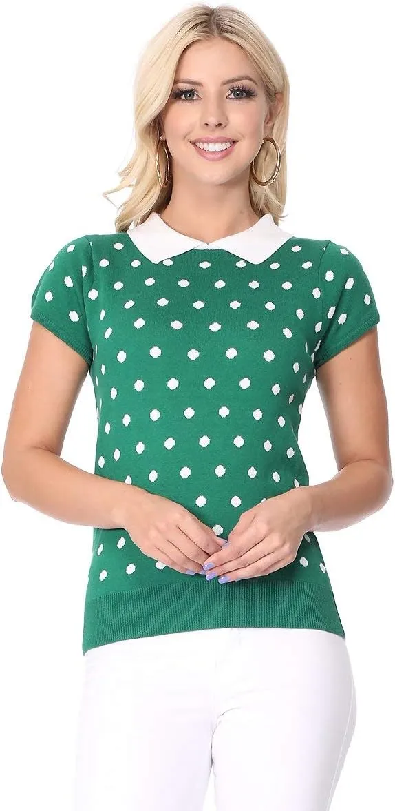 YEMAK Women's Knit Sweater Top – Short Sleeve Polka Dot Contrast Collar Puff Shoulder Classic Casual Knitted Pullover