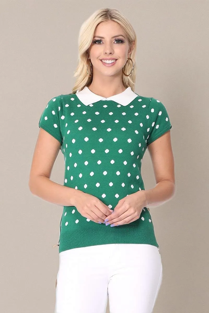 YEMAK Women's Knit Sweater Top – Short Sleeve Polka Dot Contrast Collar Puff Shoulder Classic Casual Knitted Pullover
