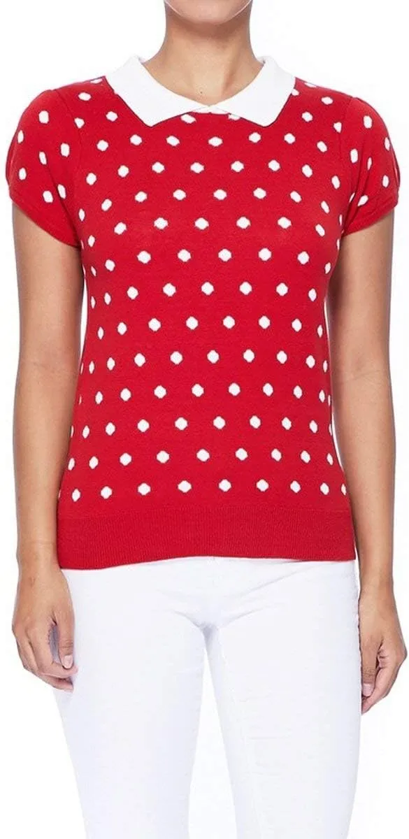 YEMAK Women's Knit Sweater Top – Short Sleeve Polka Dot Contrast Collar Puff Shoulder Classic Casual Knitted Pullover