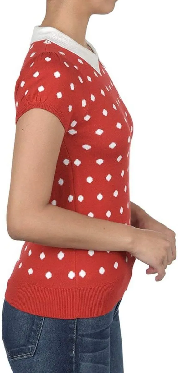 YEMAK Women's Knit Sweater Top – Short Sleeve Polka Dot Contrast Collar Puff Shoulder Classic Casual Knitted Pullover