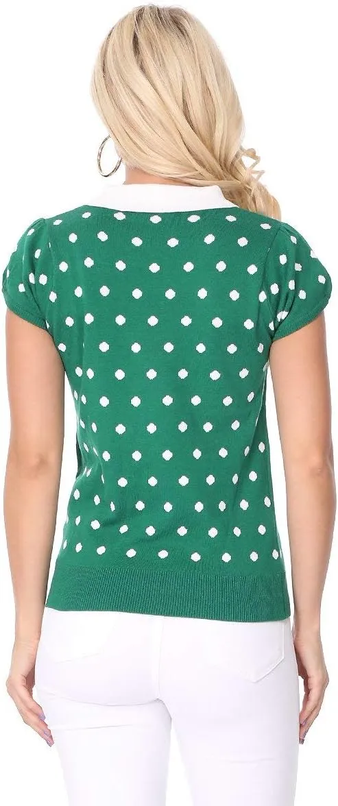 YEMAK Women's Knit Sweater Top – Short Sleeve Polka Dot Contrast Collar Puff Shoulder Classic Casual Knitted Pullover
