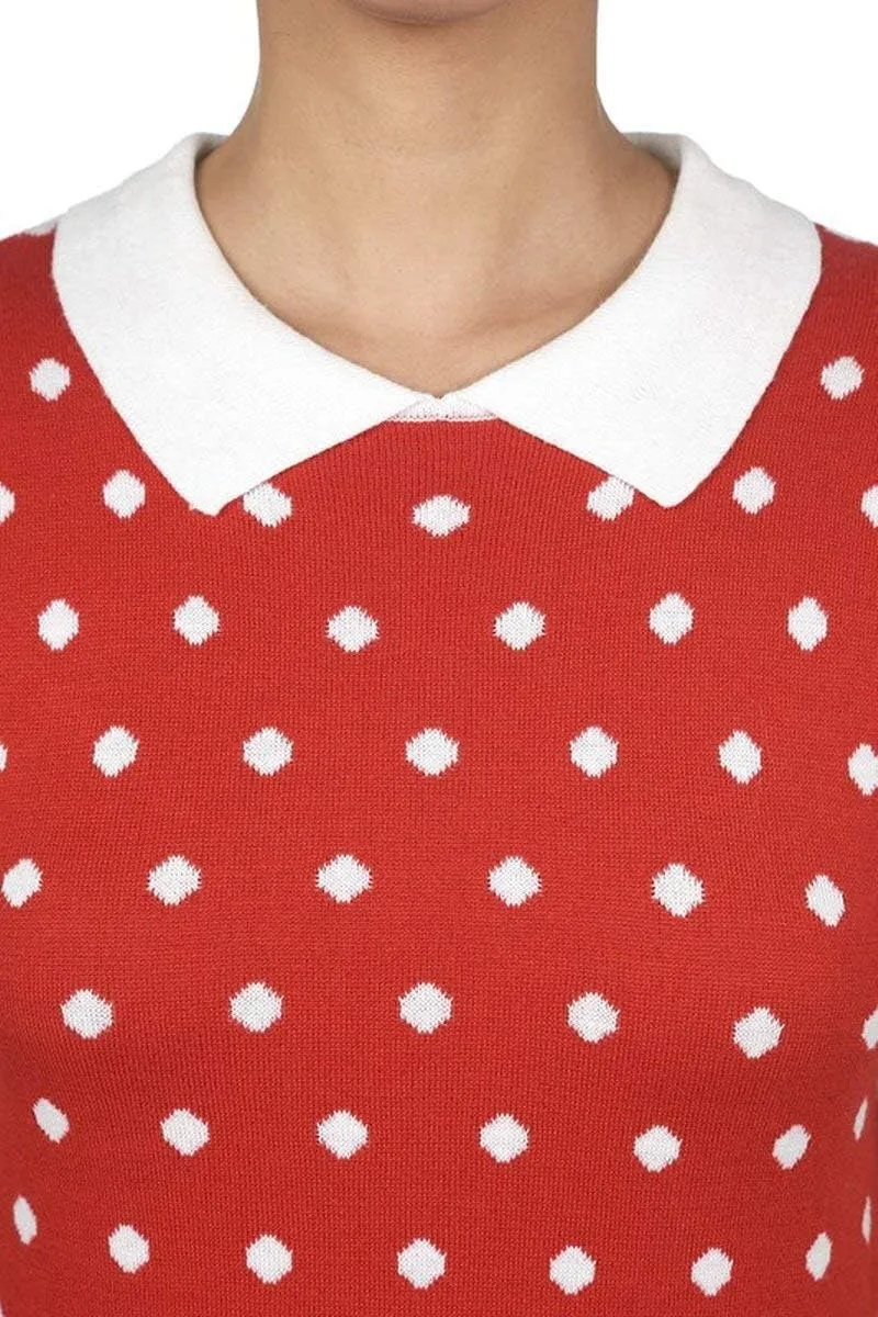 YEMAK Women's Knit Sweater Top – Short Sleeve Polka Dot Contrast Collar Puff Shoulder Classic Casual Knitted Pullover
