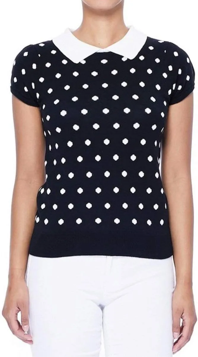 YEMAK Women's Knit Sweater Top – Short Sleeve Polka Dot Contrast Collar Puff Shoulder Classic Casual Knitted Pullover