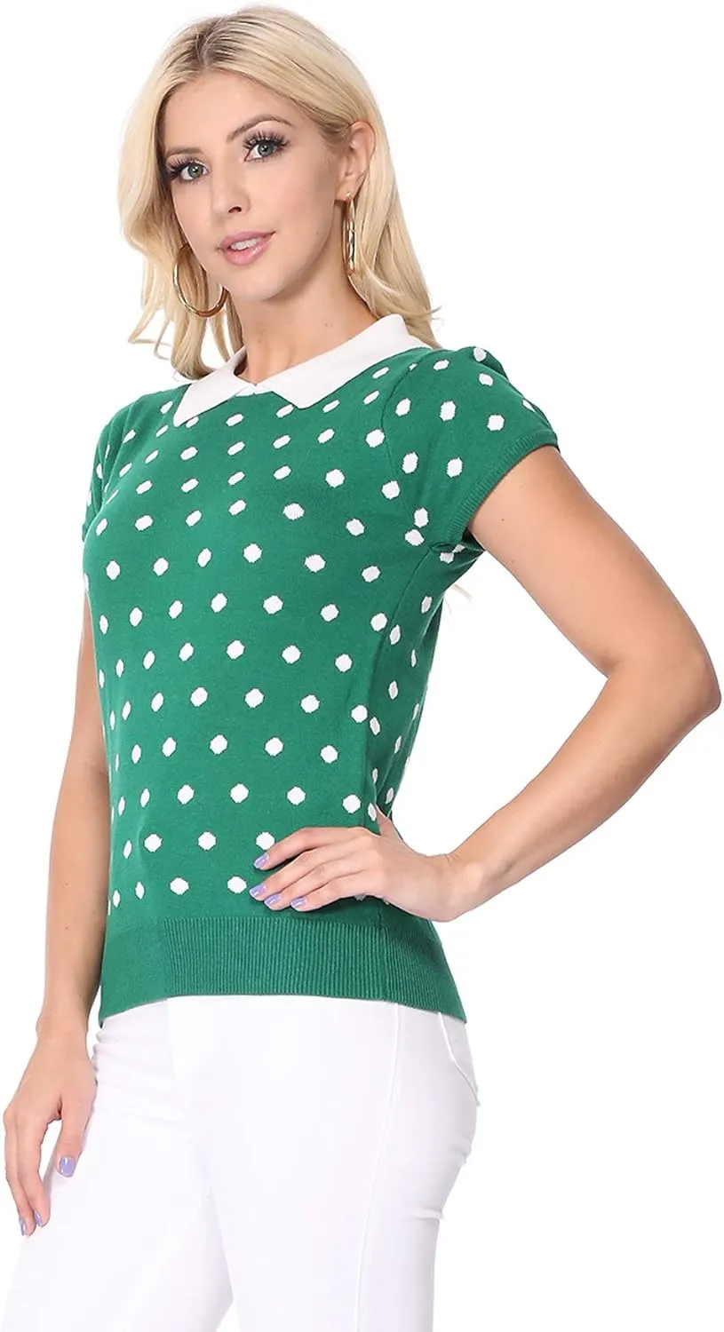 YEMAK Women's Knit Sweater Top – Short Sleeve Polka Dot Contrast Collar Puff Shoulder Classic Casual Knitted Pullover
