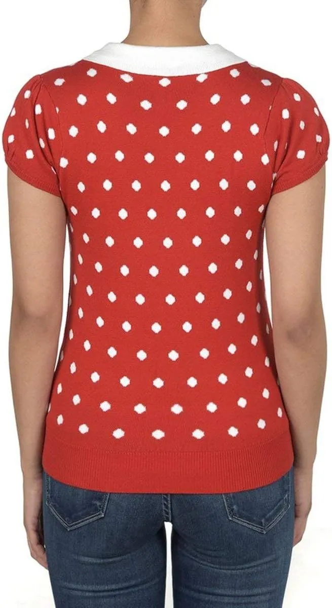 YEMAK Women's Knit Sweater Top – Short Sleeve Polka Dot Contrast Collar Puff Shoulder Classic Casual Knitted Pullover