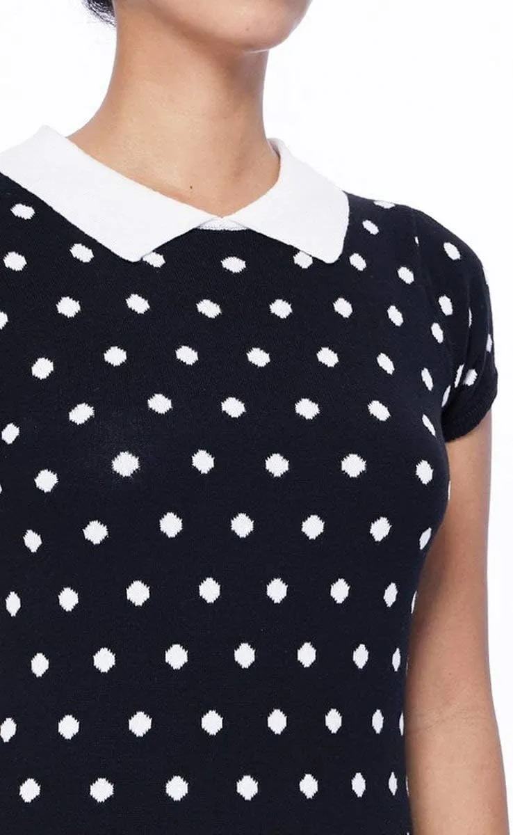 YEMAK Women's Knit Sweater Top – Short Sleeve Polka Dot Contrast Collar Puff Shoulder Classic Casual Knitted Pullover
