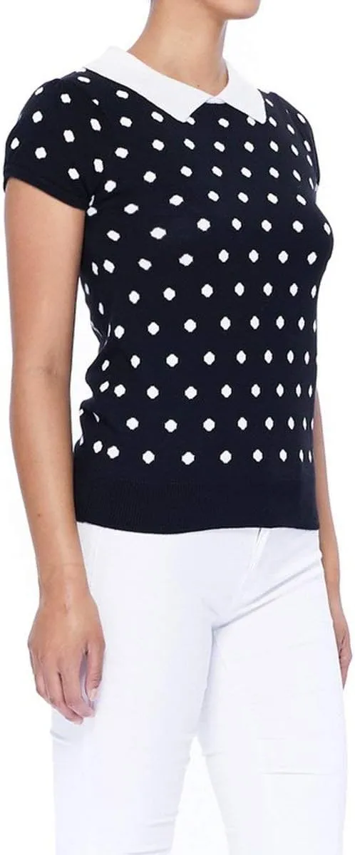 YEMAK Women's Knit Sweater Top – Short Sleeve Polka Dot Contrast Collar Puff Shoulder Classic Casual Knitted Pullover
