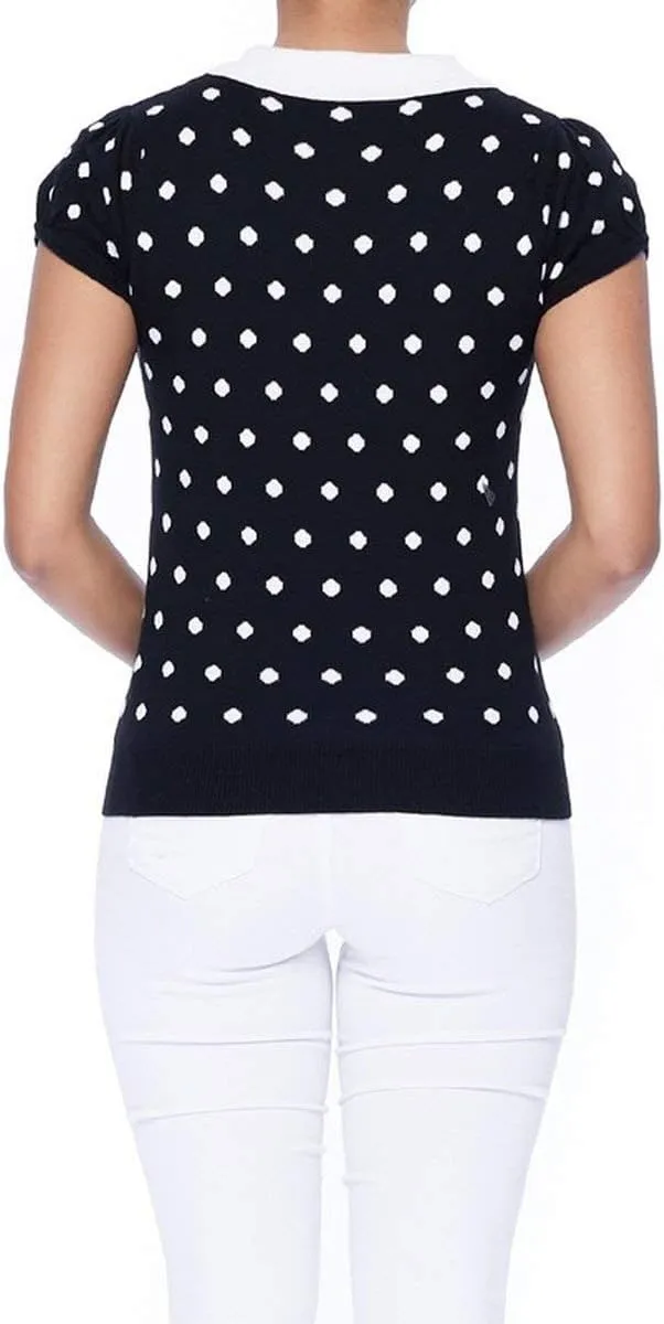 YEMAK Women's Knit Sweater Top – Short Sleeve Polka Dot Contrast Collar Puff Shoulder Classic Casual Knitted Pullover