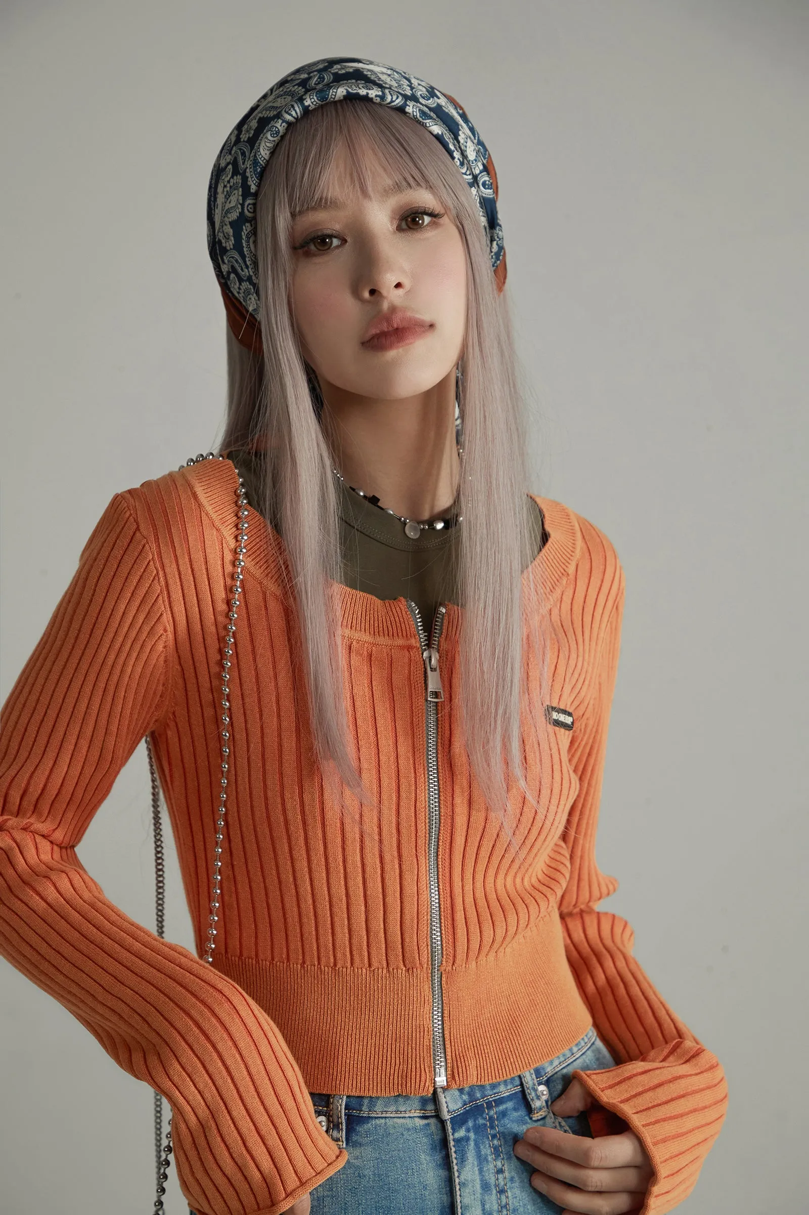 Zip-Up Cropped Knit Cardigan